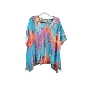 BECCA Tie Dye Knit Open Weave V Neck Oversized Poncho Swimsuit Cover Up Large